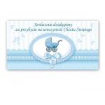 Podziękowanie dla gości na Chrzest, wózek niebieski 20 szt.